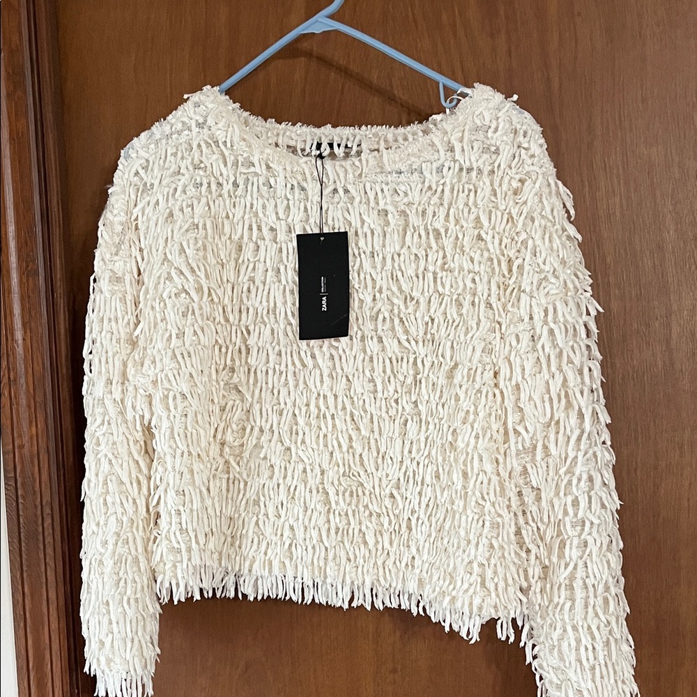 Zara Cream Textured Shaggy Crew Neck Sweater